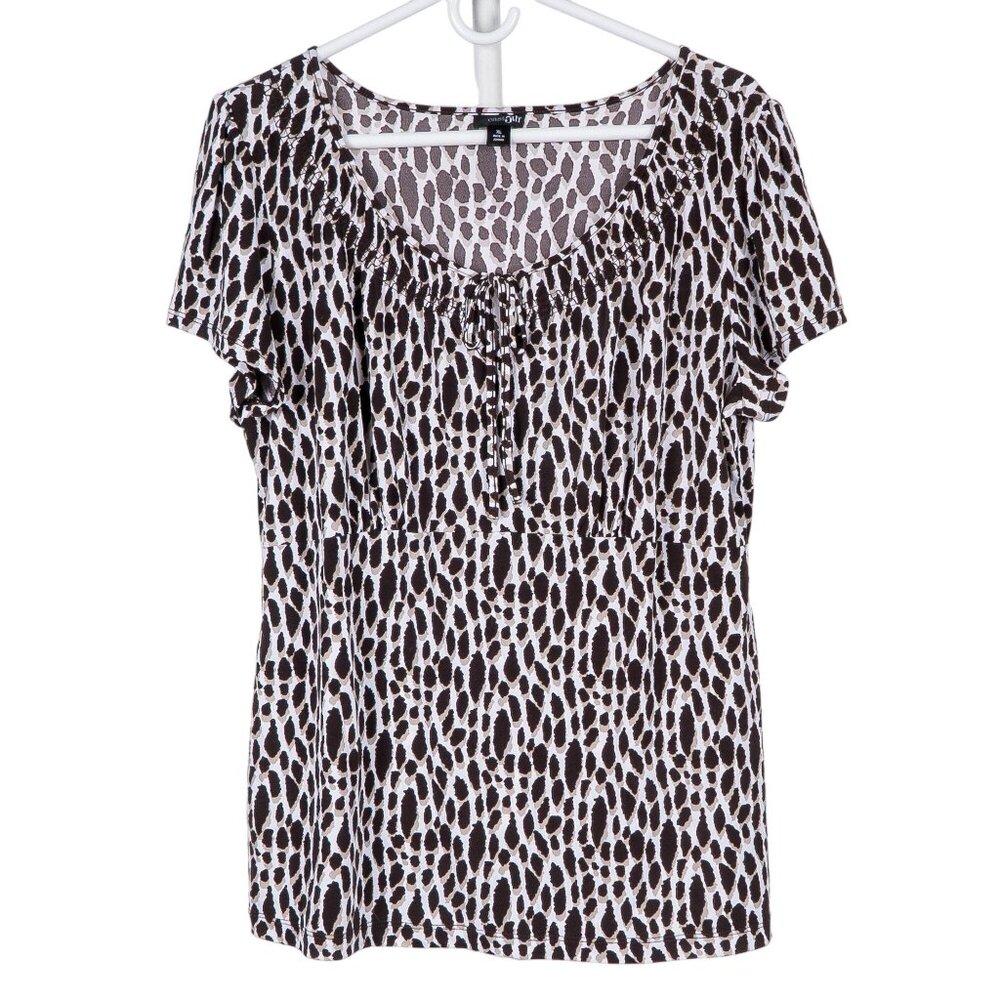 East 5th Peasant Blouse XL Womens Leopard Print White Brown Short Sleeve